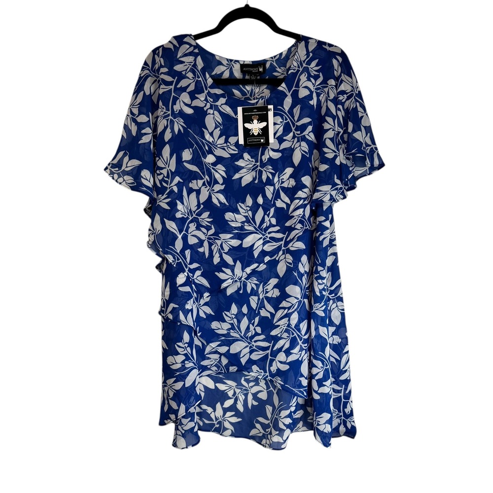 Antthony Original Blue Floral‎ Chiffon Tunic High Low Flutter Sleeve Top 21533 L